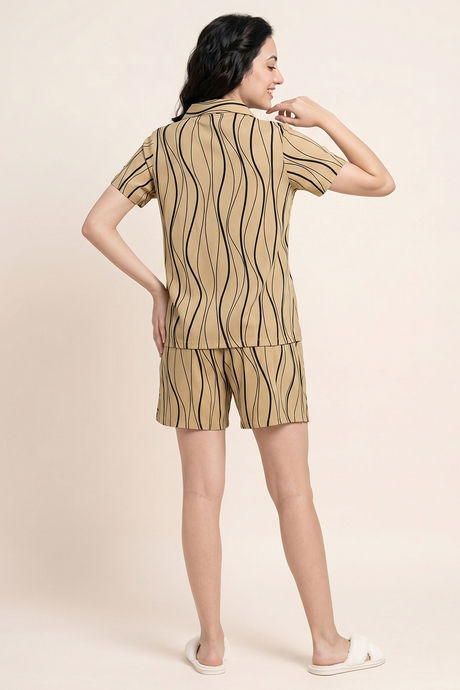 Zivame Wavy Stripes Knit Cotton Short Set - Warm Sand — image 2